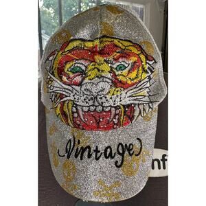 Ed Hardy Vintage Silver Glitter Tiger Skull Crossbones Trucker Hat